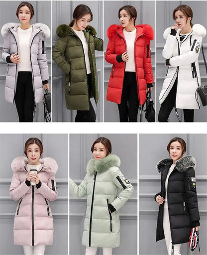 Parka Big Fur Collar Hooded Thick Warm Long Female Coat Casual