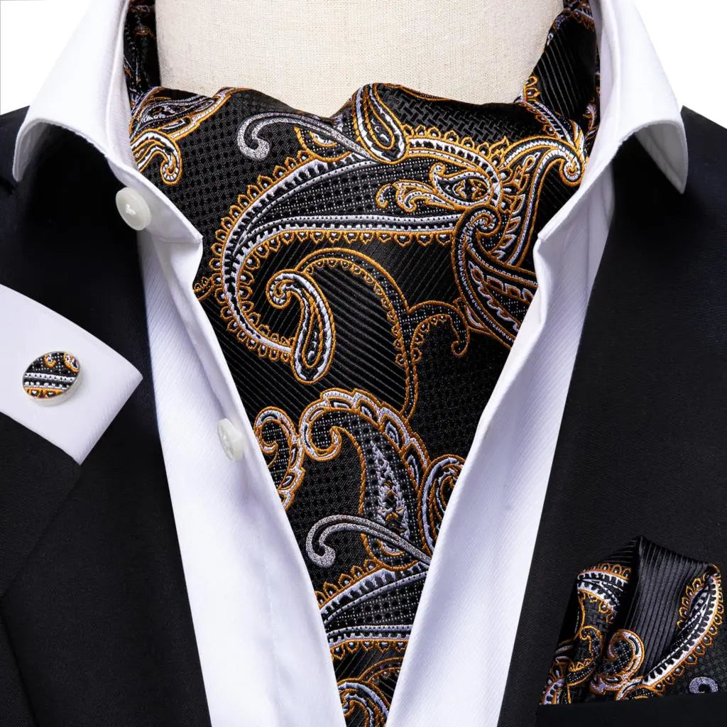 Hi-Tie Silk Mens Ascots Hanky Cufflinks Set Jacquard Paisley Floral Cravat