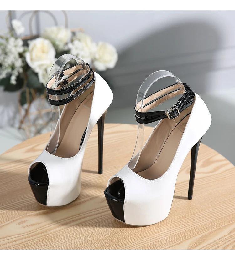 Double Buckle Strap Platform Sandals Pumps Peep Toe 16.5CM High Heels Shoes Modatna