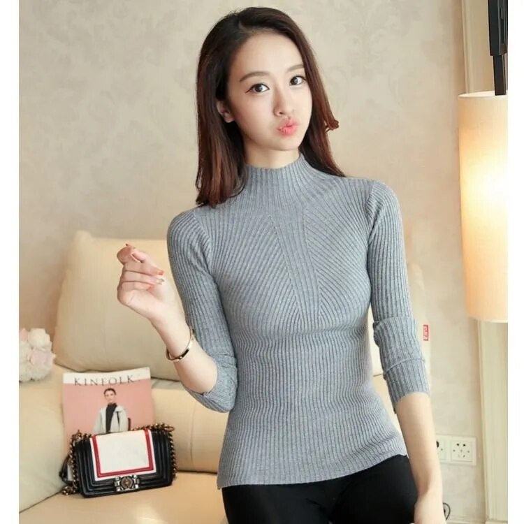 Turtleneck Stretchy Knitted Pullovers Long Sleeve Sweater