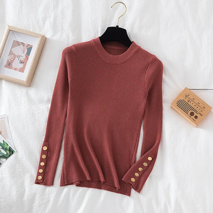 Thick pullovers casual button sleeves o-neck chic soft sweater