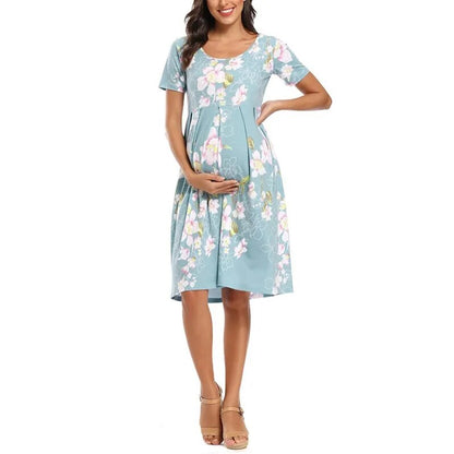 Floral Short Sleeve Loose Maternity Casual Soft Waist Print Knee