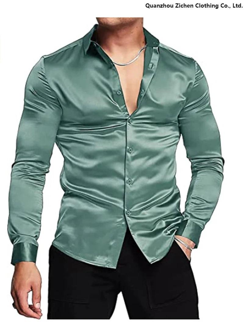 Luxurious Silk Satin Dressy Men Shirt: Long Sleeve Slim Fit Button-down Casual