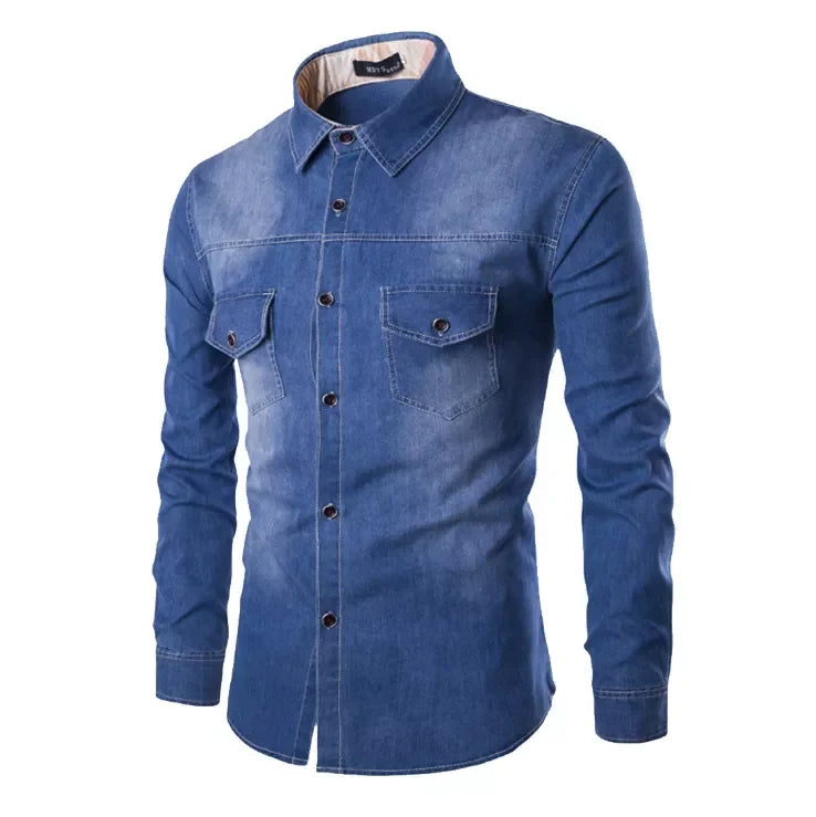 Slim Fit long-sleeved shirt with double pockets men's denim shirt