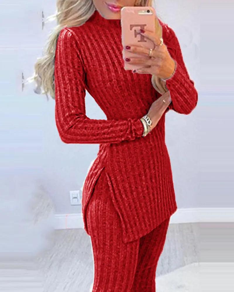 Knitted 2 Piece Suits Sleeve Ribbed Slit Long Top and High