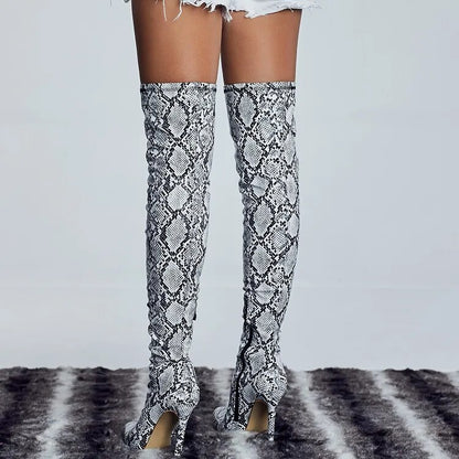 Winter Thigh High Snake Pattern Pointed Toe Zipper Boots