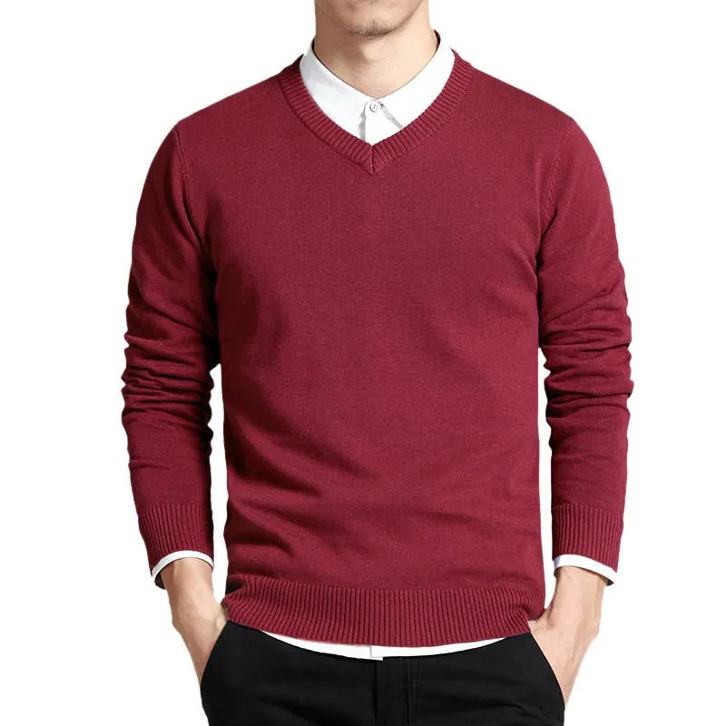 Men Cotton Sweater Long Sleeve Pullovers V Neck Knitted