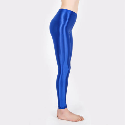 Solid Glossy Pilates Yoga Fitness Wide Elastic Waistband Leggings Stretchy Pants