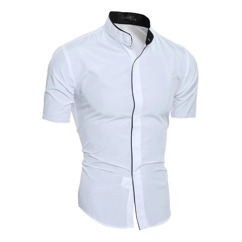 Summer Business Casual: Men's Short Sleeve Stand-up Collar Slim-fit Cotton Shirt