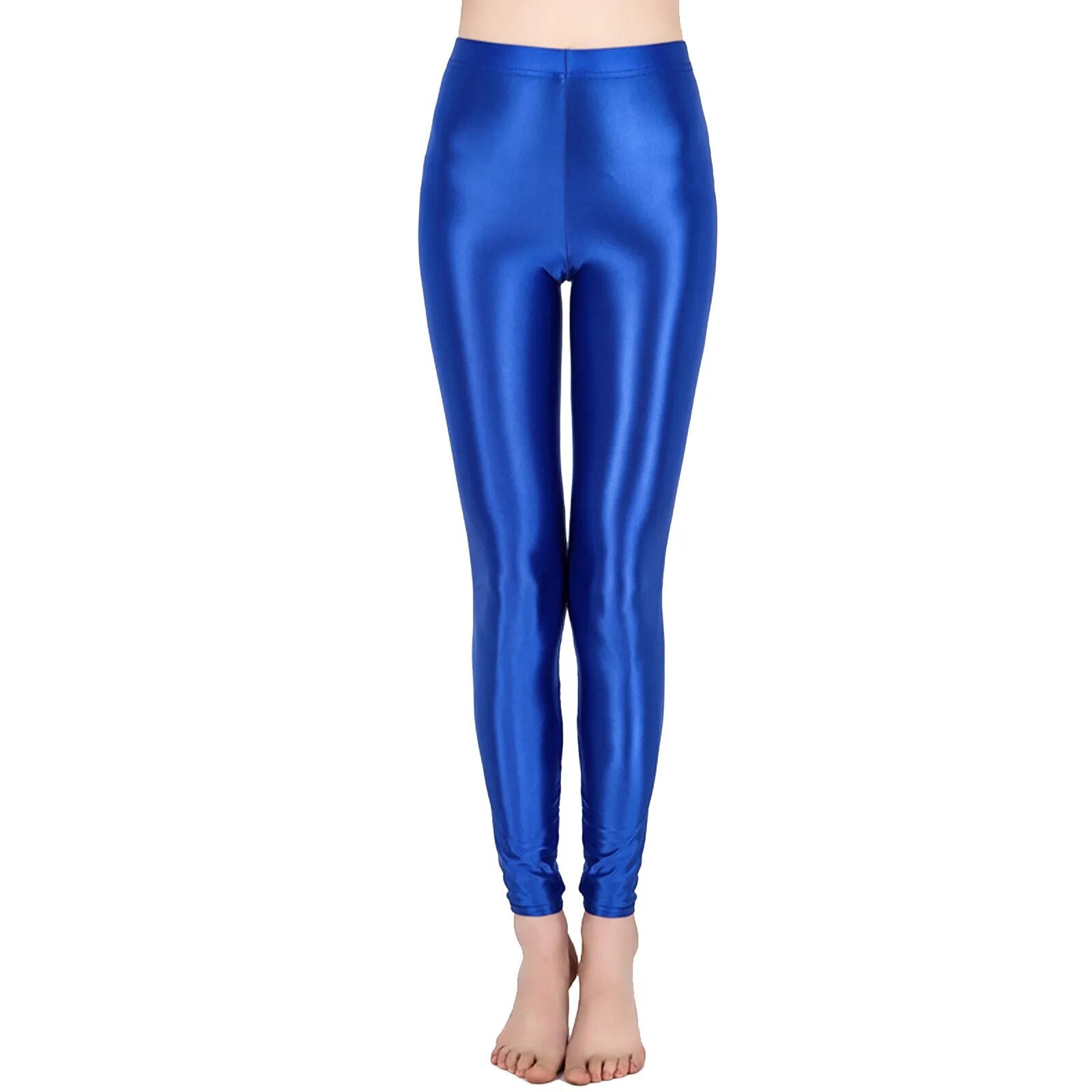 Solid Glossy Pilates Yoga Fitness Wide Elastic Waistband Leggings Stretchy Pants