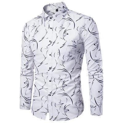 Plaid Cotton Dress Shirt for Men Long Sleeve Floral Pattern Print