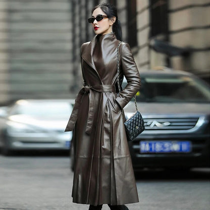 Long Soft Faux Leather Trench Coat with Belt Elegant Down Coat