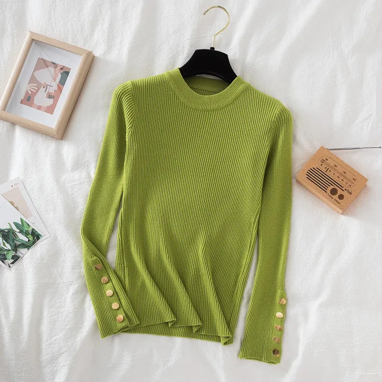 Thick pullovers casual button sleeves o-neck chic soft sweater