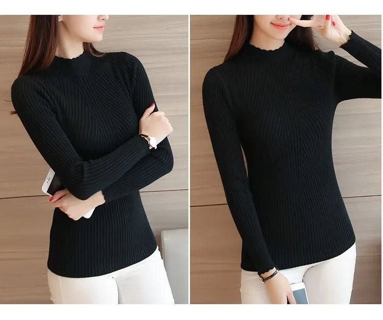 Turtleneck Stretchy Knitted Pullovers Long Sleeve Sweater