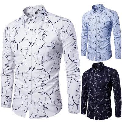 Plaid Cotton Dress Shirt for Men Long Sleeve Floral Pattern Print