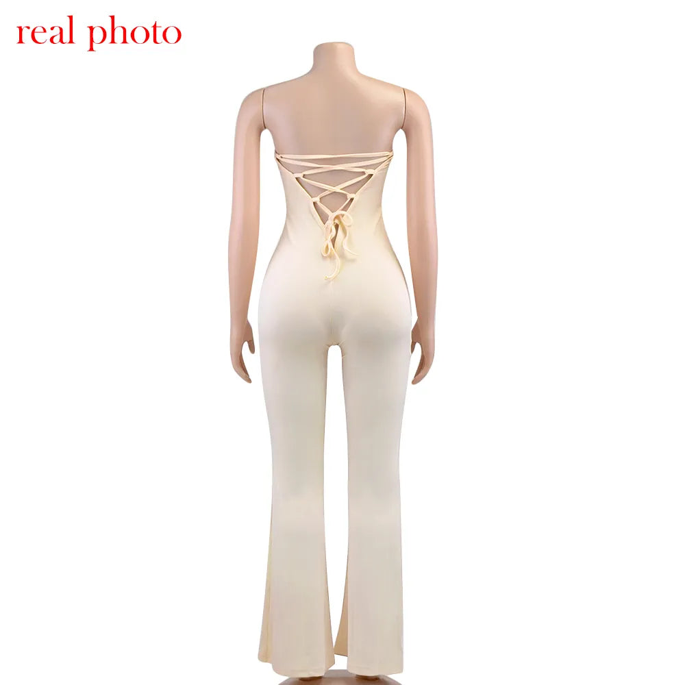 Wide Leg Backless Elegant Strapless Jumpsuit Flare Pants One Piece Outfit