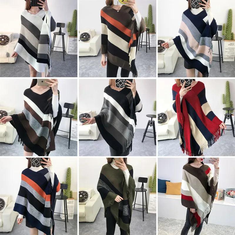 Cloak Soft Knitted Stripe Cardigan Ponchos