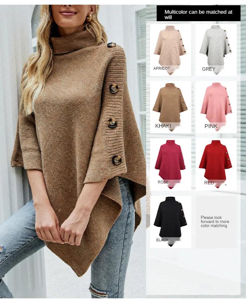 Button Poncho Oversized Turtleneck Jumper Knitwear Sleeve