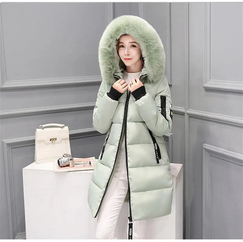 Parka Big Fur Collar Hooded Thick Warm Long Female Coat Casual