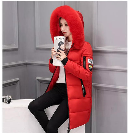 Parka Big Fur Collar Hooded Thick Warm Long Female Coat Casual