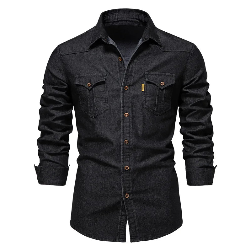 Men's Denim Style Shirt: Cotton, Long Sleeve, Double Pockets, Slim Fit, Wrinkle-Resistant