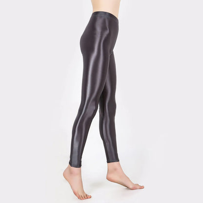 Solid Glossy Pilates Yoga Fitness Wide Elastic Waistband Leggings Stretchy Pants