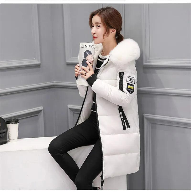 Parka Big Fur Collar Hooded Thick Warm Long Female Coat Casual