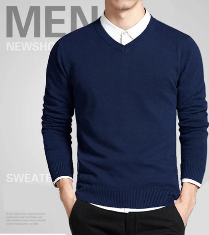 Men Cotton Sweater Long Sleeve Pullovers V Neck Knitted