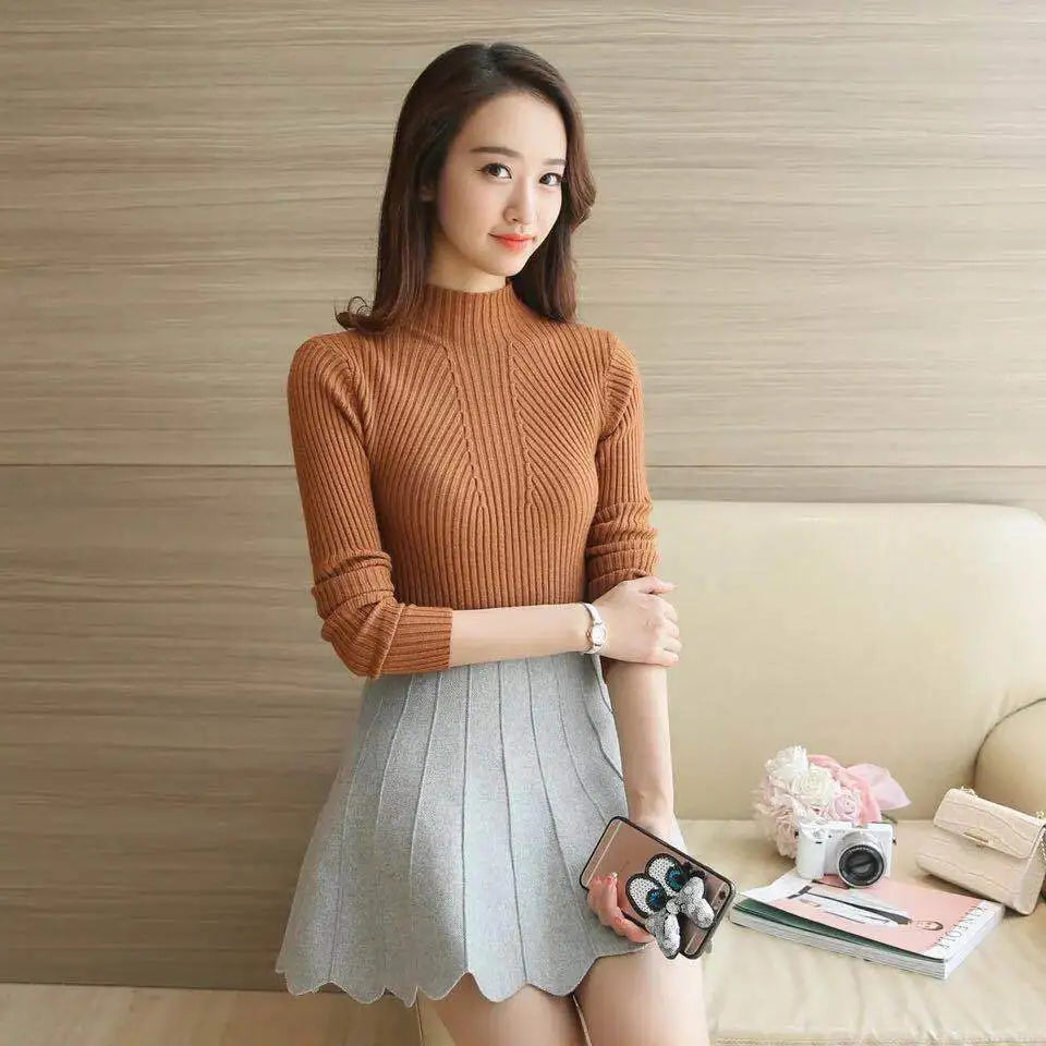 Turtleneck Stretchy Knitted Pullovers Long Sleeve Sweater