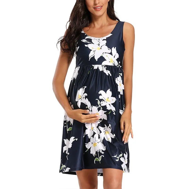 Floral Short Sleeve Loose Maternity Casual Soft Waist Print Knee