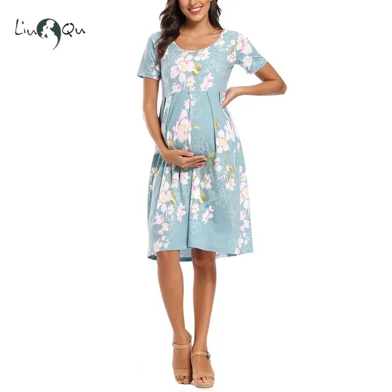 Floral Short Sleeve Loose Maternity Casual Soft Waist Print Knee