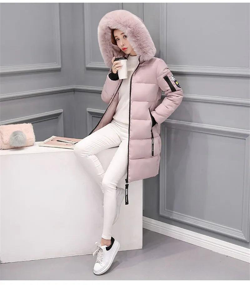 Parka Big Fur Collar Hooded Thick Warm Long Female Coat Casual