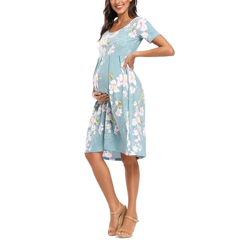 Floral Short Sleeve Loose Maternity Casual Soft Waist Print Knee