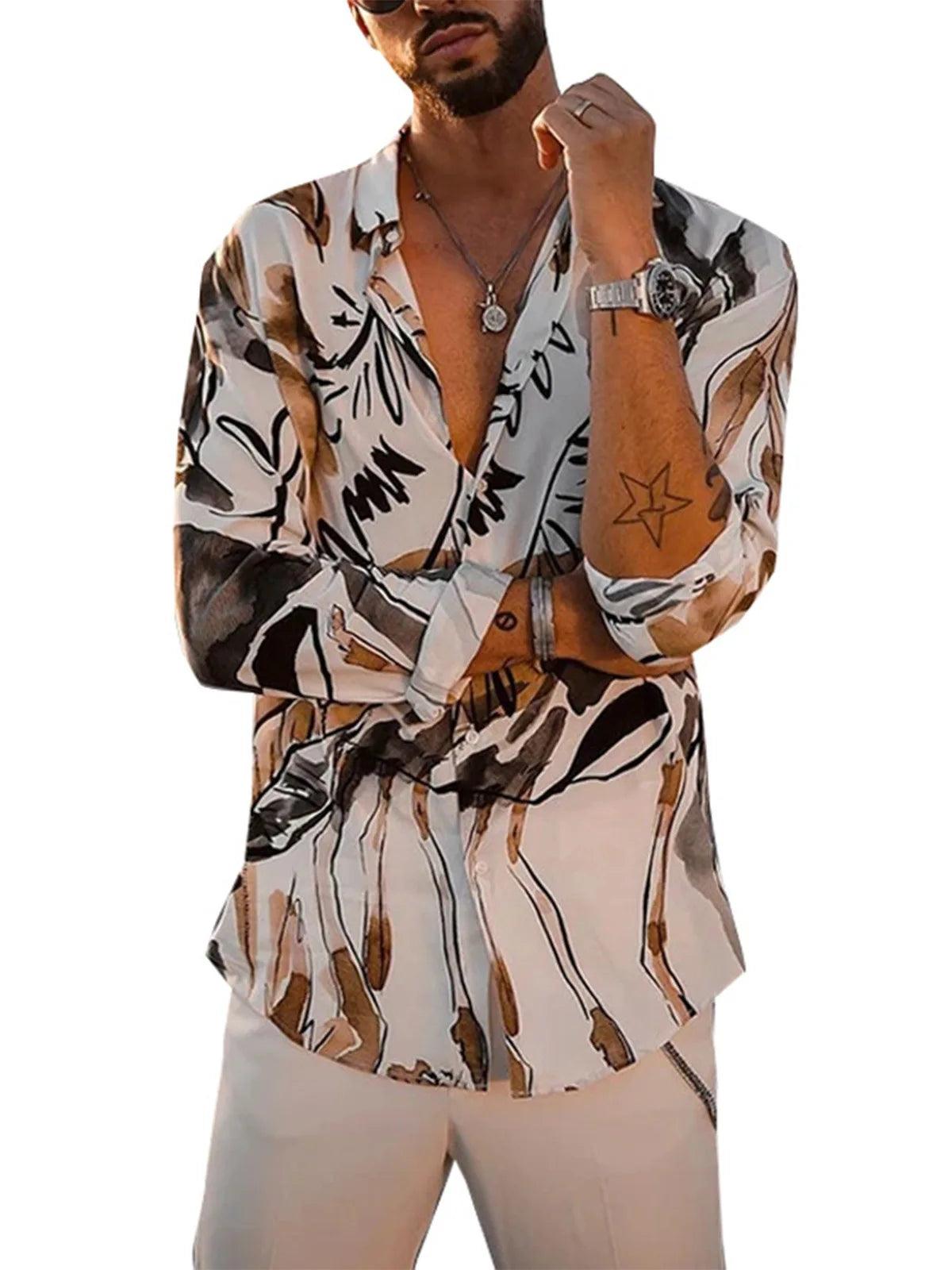 Men's Casual Shirt: Stylish Printed Lapel with Long Sleeves