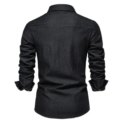 Men's Denim Style Shirt: Cotton, Long Sleeve, Double Pockets, Slim Fit, Wrinkle-Resistant