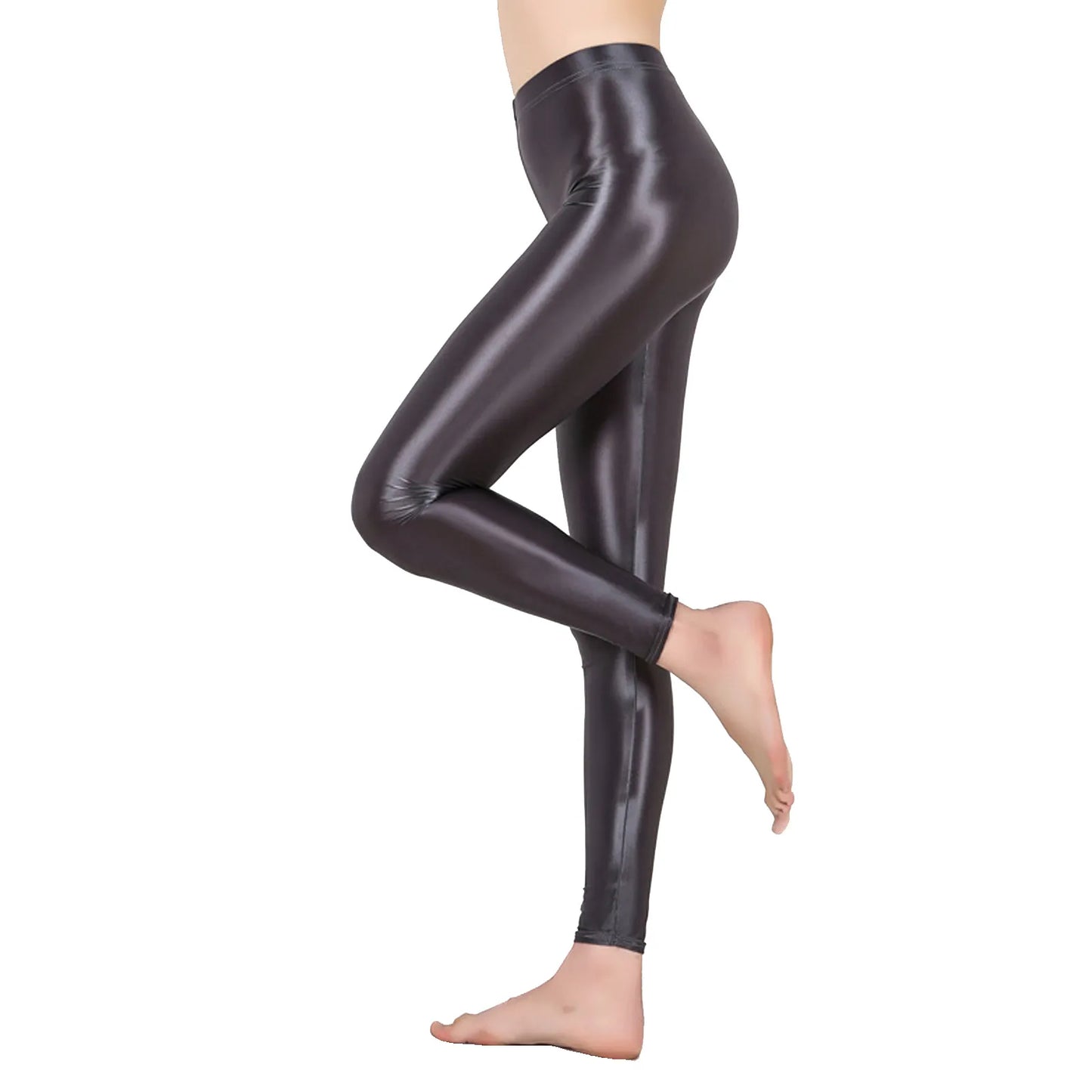 Solid Glossy Pilates Yoga Fitness Wide Elastic Waistband Leggings Stretchy Pants