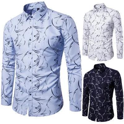 Plaid Cotton Dress Shirt for Men Long Sleeve Floral Pattern Print