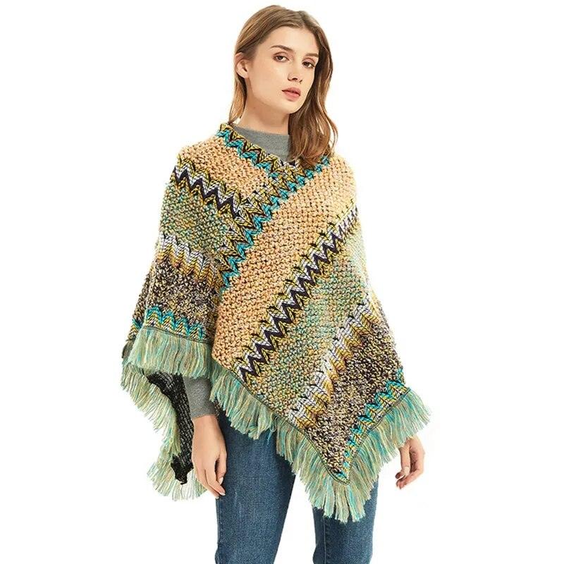 Cloak Soft Knitted Stripe Cardigan Ponchos