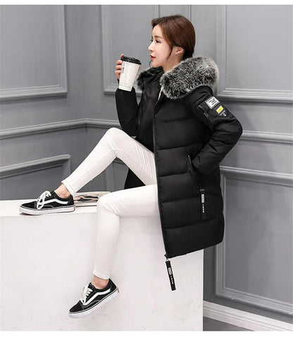 Parka Big Fur Collar Hooded Thick Warm Long Female Coat Casual