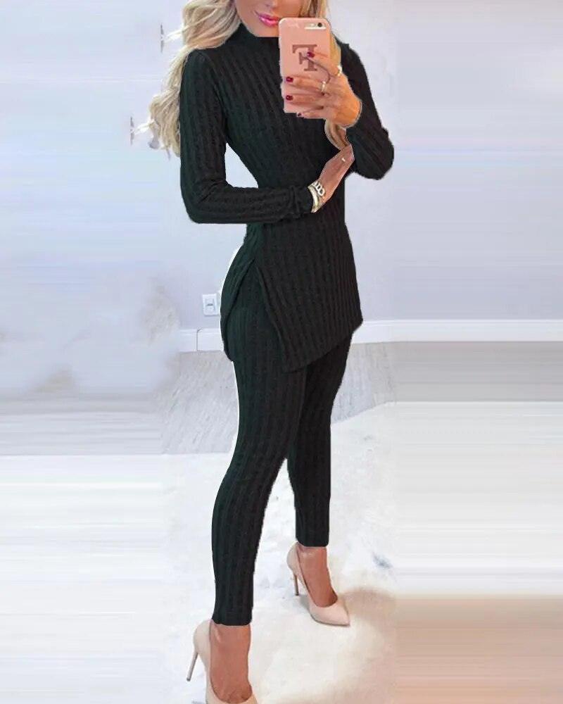 Knitted 2 Piece Suits Sleeve Ribbed Slit Long Top and High