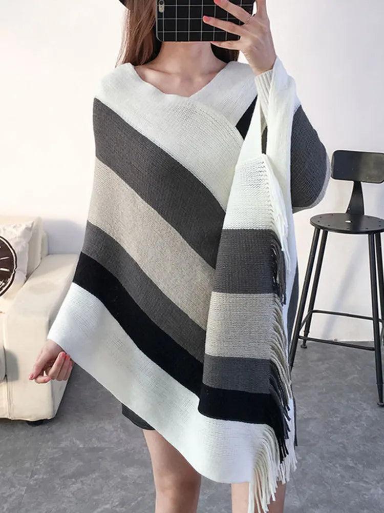 Cloak Soft Knitted Stripe Cardigan Ponchos