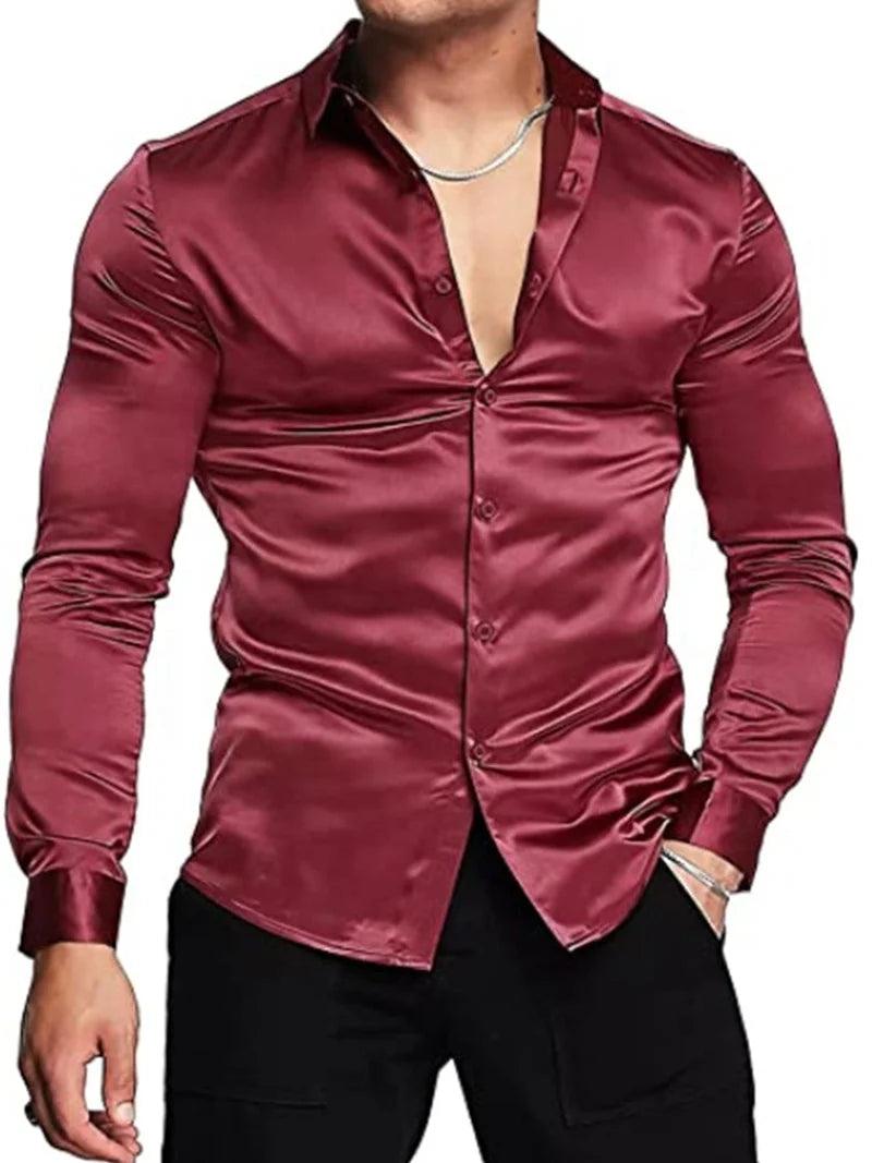 Luxurious Silk Satin Dressy Men Shirt: Long Sleeve Slim Fit Button-down Casual