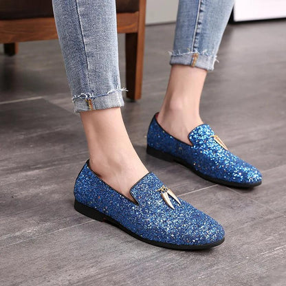 Glittering Tassel Loafers: Stylish Slip-On Pointed Men's Casual Shoes