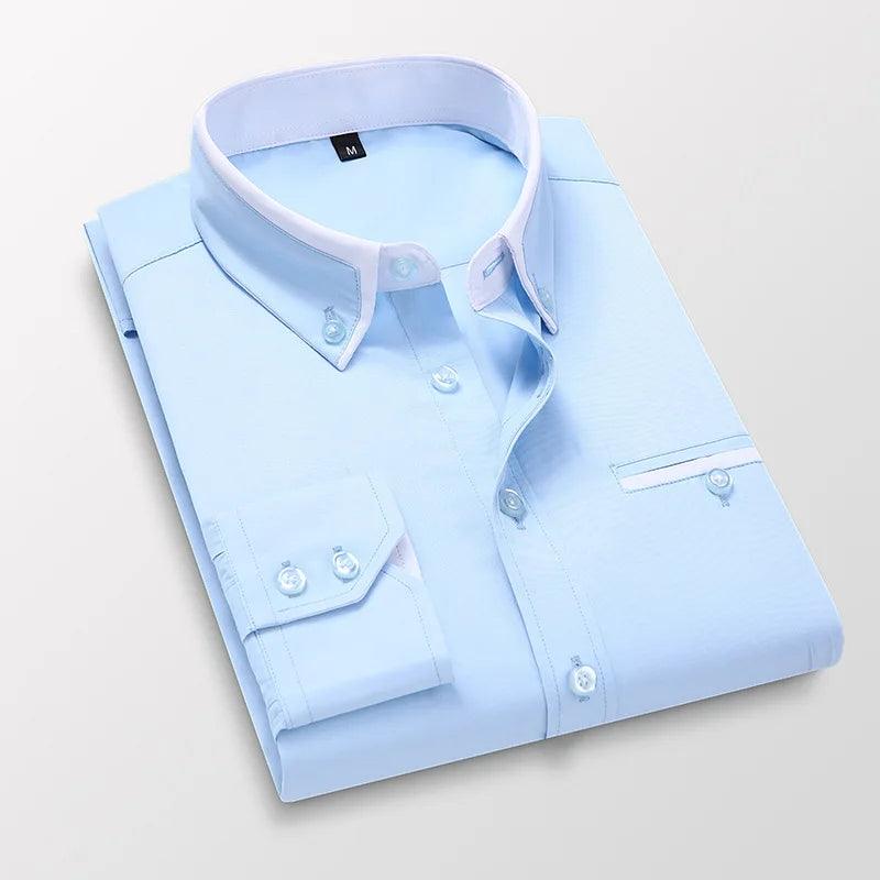 High-Quality Men's Dress Shirt: Long Sleeve Twill Solid & Striped Design, Formal or Casual Wear, Slim Fit.