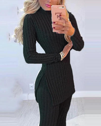 Knitted 2 Piece Suits Sleeve Ribbed Slit Long Top and High