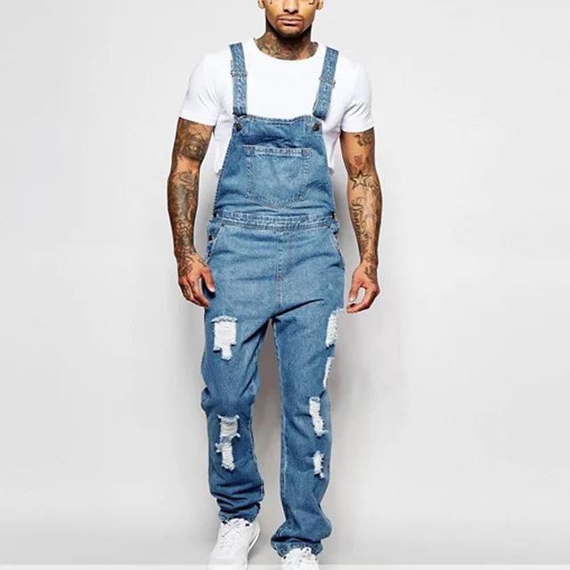 Men Denim Jumpsuit Ripped Style Solid Basic Overalls