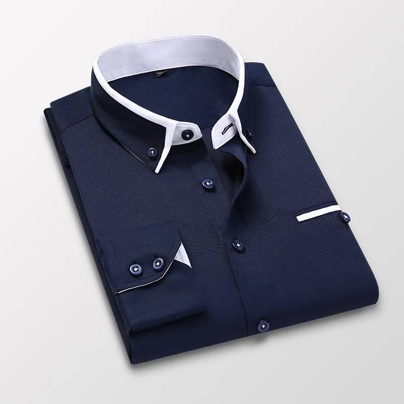 High-Quality Men's Dress Shirt: Long Sleeve Twill Solid & Striped Design, Formal or Casual Wear, Slim Fit.