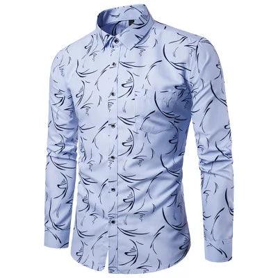 Plaid Cotton Dress Shirt for Men Long Sleeve Floral Pattern Print