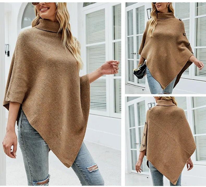 Button Poncho Oversized Turtleneck Jumper Knitwear Sleeve