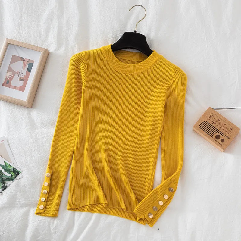 Thick pullovers casual button sleeves o-neck chic soft sweater